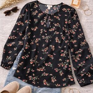J.Crew Floral Long Sleeve Blouse Black Keyhole Neck Size L